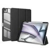 A black iPad case is shown in a studio setting, with one case open and displaying a tablet screen, and another closed case standing upright. Produktbild-Vorschau