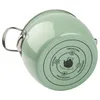 The bottom of a green enamel pot is shown, with text and icons indicating its compatibility with different stovetops. Produktbild-Vorschau
