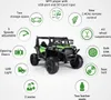 A green and black ride-on toy car with various features highlighted around it. Produktbild-Vorschau