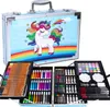 An open art set case with various art supplies displayed inside, featuring a unicorn design on the exterior. Podgląd zdjęcia produktu