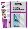 A collage showing instructions for applying a screen protector and a product shot of the screen protector on a phone. Produktbild-Vorschau