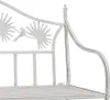 A close-up view of the decorative backrest of a white metal garden bench. Podgląd zdjęcia produktu