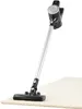 A cordless vacuum cleaner is shown on a white background, with its head resting on a cream-colored rug. Produktbild-Vorschau