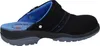 A side view of a black clog-style shoe with blue interior and gray sole. Produktbild-Vorschau