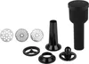 A collection of black kitchen appliance accessories, including grinding plates, a sausage stuffer, and other attachments, arranged on a white background. Produktbild-Vorschau
