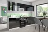A modern kitchen setup with black high-gloss cabinets and a green hexagonal backsplash. Náhled obrázku produktu