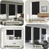 Collage of four different room settings showcasing black roller blinds. Produktbild-Vorschau