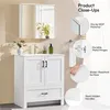 A white bathroom vanity with a medicine cabinet above it, with close-up product feature callouts on the right side. Produktbild-Vorschau