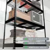 A black metal shelving unit filled with various items, including a wooden chest, a vintage television, bags of soil, and tires. Overlay text indicates different uses for the shelving unit. Produktbild-Vorschau