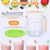 Product size chart showing dimensions of an ice cream maker container and scoop, with examples of usage. Produktbild-Vorschau