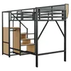 A loft bed with stairs and storage shelves. Voir les images du produit