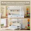 A split image showing a white bunk bed with storage stairs and a pull-out bed. The top image shows the bed in a room setting with shelves and toys. The bottom image shows the bed with the pull-out bed extended and a closet door open. Anteprima dell’immagine prodotto