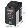 A black VEVOR frequency converter is shown from a three-quarter angle with dimensions indicated. Náhled obrázku produktu