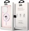 The image shows the packaging of a Karl Lagerfeld iPhone case. The packaging is open, revealing the pink phone case inside. The back of the packaging displays product features. Anteprima dell’immagine prodotto