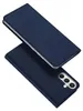 A dark blue flip phone case is shown from a diagonal angle, with the phone inserted into the case. Produktbild-Vorschau