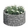A round gabion planter filled with green plants and white flowers, set against a white background. Produktbild-Vorschau