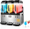 A commercial slush machine with three tanks filled with different colored frozen drinks, shown on a white background. Voir les images du produit