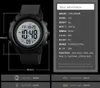 A product image of a digital watch with its specifications and dimensions displayed. Produktbild-Vorschau