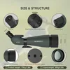 Diagram showing the size and structure of a spotting scope, with callouts for various parts and dimensions. Produktbild-Vorschau