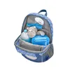 An open backpack with various items inside, including a stuffed toy, a water bottle, and a lunchbox. Voir les images du produit