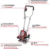 A diagram of a red and black electric tiller with labels pointing out its features. Produktbild-Vorschau