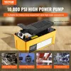 A yellow and black air-hydraulic foot pump is shown in the center, with four smaller images at the bottom depicting its applications in automobile repair, oil drilling platforms, frame machines, and hydraulic presses. Text overlays highlight the product's  Podgląd zdjęcia produktu