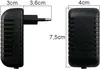 Two views of a black power adapter with dimensions indicated. Voir les images du produit