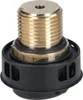 A close-up studio shot of a brass and black threaded cap with a rubber seal. Voir les images du produit