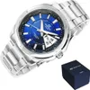 A silver Casio Edifice watch with a blue dial is displayed on a white background, alongside its dark blue presentation box. Produktbild-Vorschau