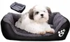 A small dog is lying in a black and gray dog bed. A smaller, separate image of the dog bed is shown in the upper left corner. Anteprima dell’immagine prodotto