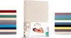 A collage of different colored fitted sheets and a product package with a model. Produktbild-Vorschau