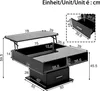 A diagram of a lift-top coffee table with dimensions indicated. Voir les images du produit