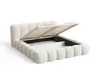 A white upholstered bed frame with its storage mechanism open, revealing the slatted base. Voir les images du produit