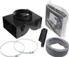 A collection of parts for a ventilation system, including a black plastic housing with a circular opening, two metal hose clamps, a rolled-up flexible duct, and a black plastic filter in a plastic bag. Voir les images du produit