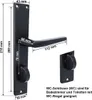 A diagram of a black door handle set with dimensions and text describing its use. Produktbild-Vorschau