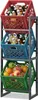 A three-tiered metal rack holding three plastic crates, one red, one blue, and one green, filled with bottles and fruit. Produktbild-Vorschau
