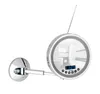 A round, wall-mounted mirror with an extendable arm, featuring LED lighting around the edge and a digital display. Produktbild-Vorschau