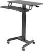 A black adjustable standing desk with wheels. Voir les images du produit