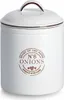 A white ceramic onion storage container with brown text and a brown handle. Produktbild-Vorschau