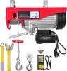 A red electric hoist with various accessories, including straps, hooks, and a remote control, displayed against a white background. Podgląd zdjęcia produktu