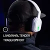 Close-up of a person wearing a black baseball cap and white headphones, with text overlays. Produktbild-Vorschau