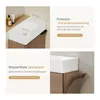 A split image showing a bathroom sink and cabinet details, with text highlighting product features. Voir les images du produit