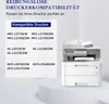 A marketing image showing a printer and a list of compatible printer models. Produktbild-Vorschau