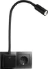A black LED lamp with a flexible gooseneck attached to a wall socket with a power button. Produktbild-Vorschau