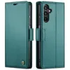 A teal leather wallet-style phone case for a Samsung Galaxy A15 is shown from two angles. Produktbild-Vorschau
