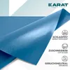 A blue protective mat is shown diagonally across the image, with geometric shapes in the background and marketing icons on the right. Produktbild-Vorschau