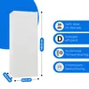 A white refrigerator with dimension labels and feature icons on a light blue and white background. Produktbild-Vorschau