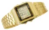 A gold-colored digital watch with a world map display, shown from a diagonal angle against a white background. Produktbild-Vorschau