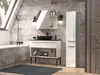A modern bathroom with a vanity, sink, mirror, and a tall cabinet. Produktbild-Vorschau