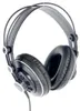 A studio shot of a pair of black and white headphones against a white background.